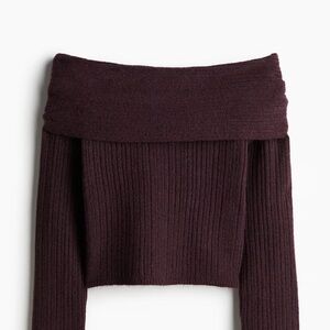 Divided Off-the-Shoulder Ribbed Sweater in Deep Plum